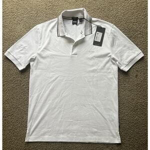 BOSS PENROSE 38 STRIPED COLLAR SLIM FIT POLO SHIRT Whit, Size M, NEW